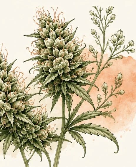 Ilustração botânica de flores de cannabis em nanquim e aquarela