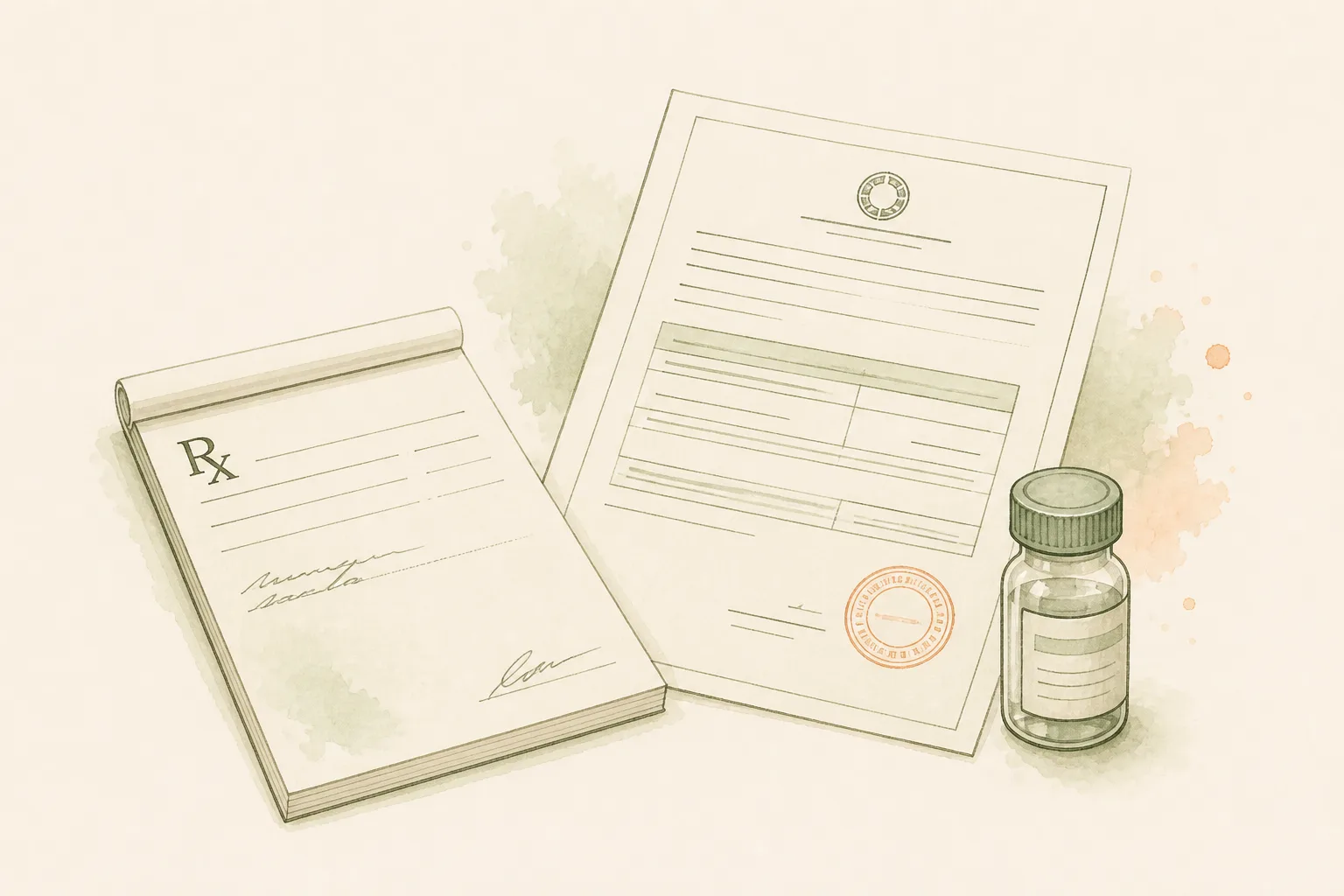 Receita, autorização e produto são coisas distintas Três objetos separados sobre uma mesa: bloco de receita médica, formulário com carimbo de autorização e frasco de medicamento.