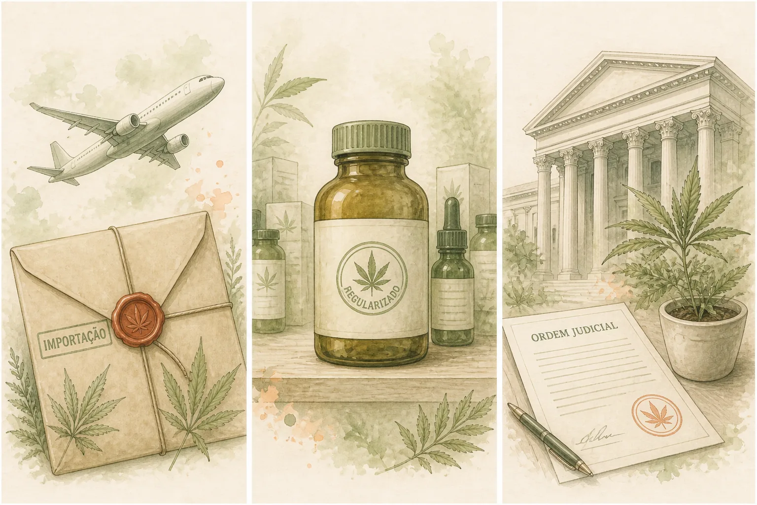 Três vias de acesso à cannabis medicinal Tríptico: avião e envelope de importação; frasco em farmácia com selo regulatório; tribunal e vaso com planta sob ordem judicial.