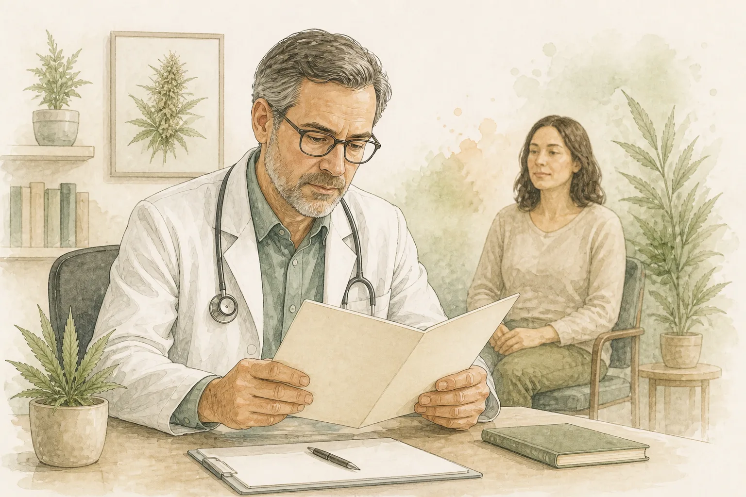 Prescrição off-label de cannabis medicinal Médico lendo documento com atenção em uma mesa de consultório, paciente ao fundo desfocado esperando, ambiente clínico simples.