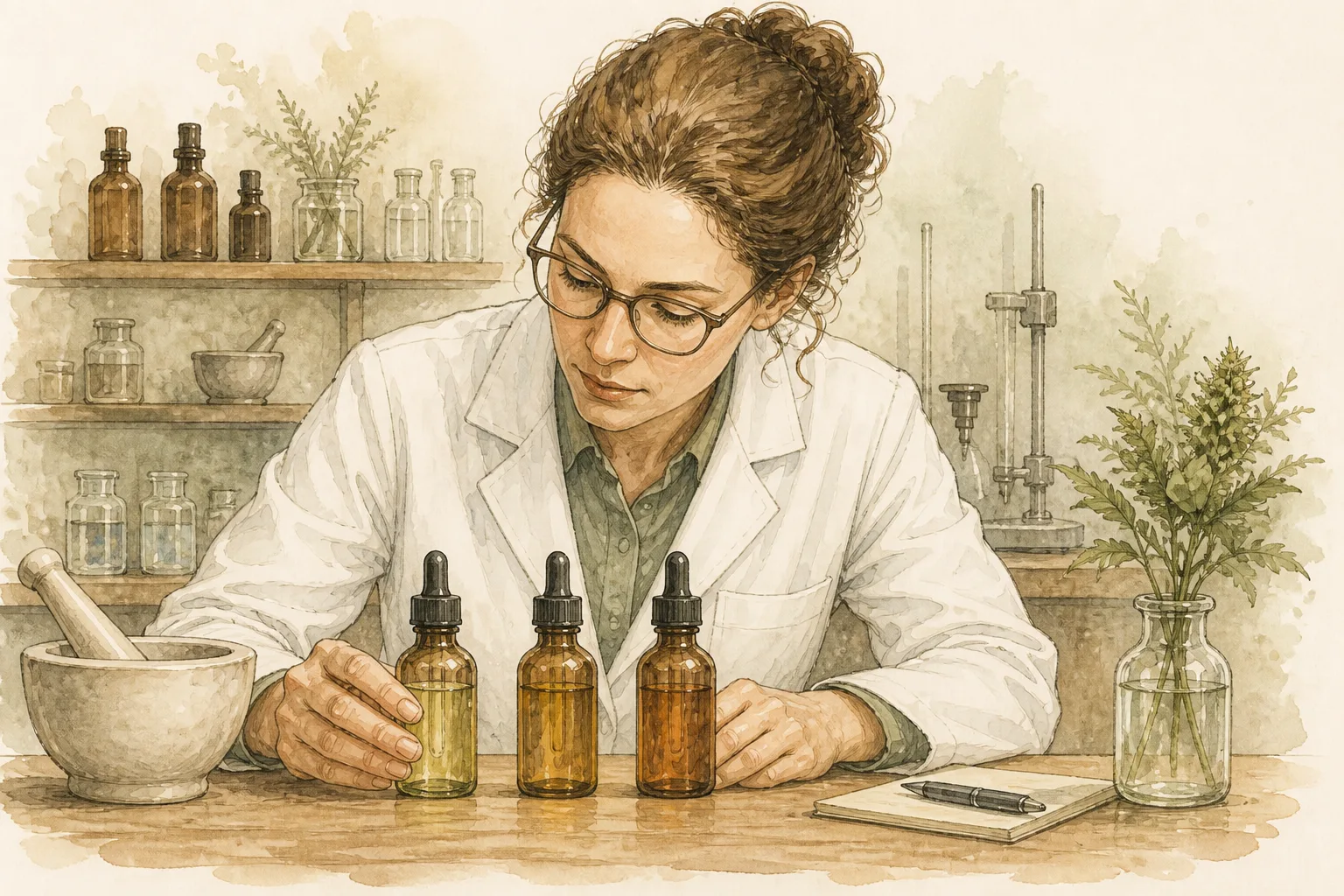 Diferença entre formulações de CBD Farmacêutico organizando três frascos diferentes de óleo em uma bancada, comparando rótulos, sem texto legível nos rótulos.