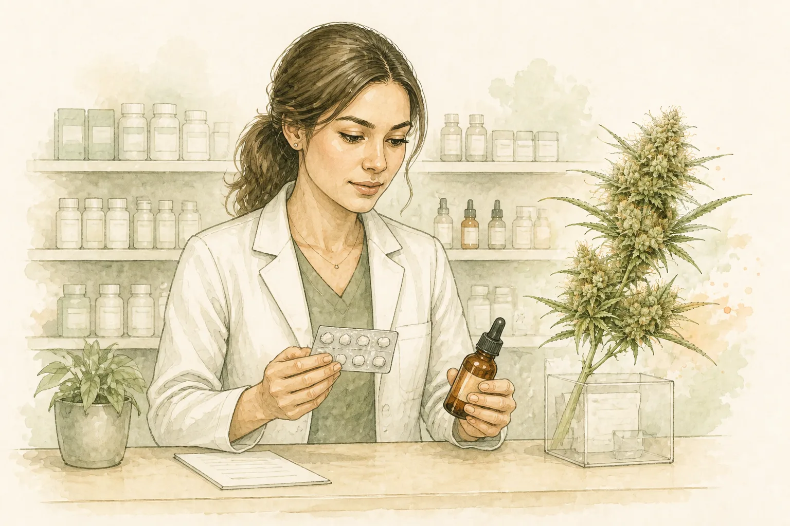Checagem de interação medicamentosa Farmacêutica conferindo uma cartela de medicamentos e um frasco de óleo lado a lado sobre o balcão, checando compatibilidade.