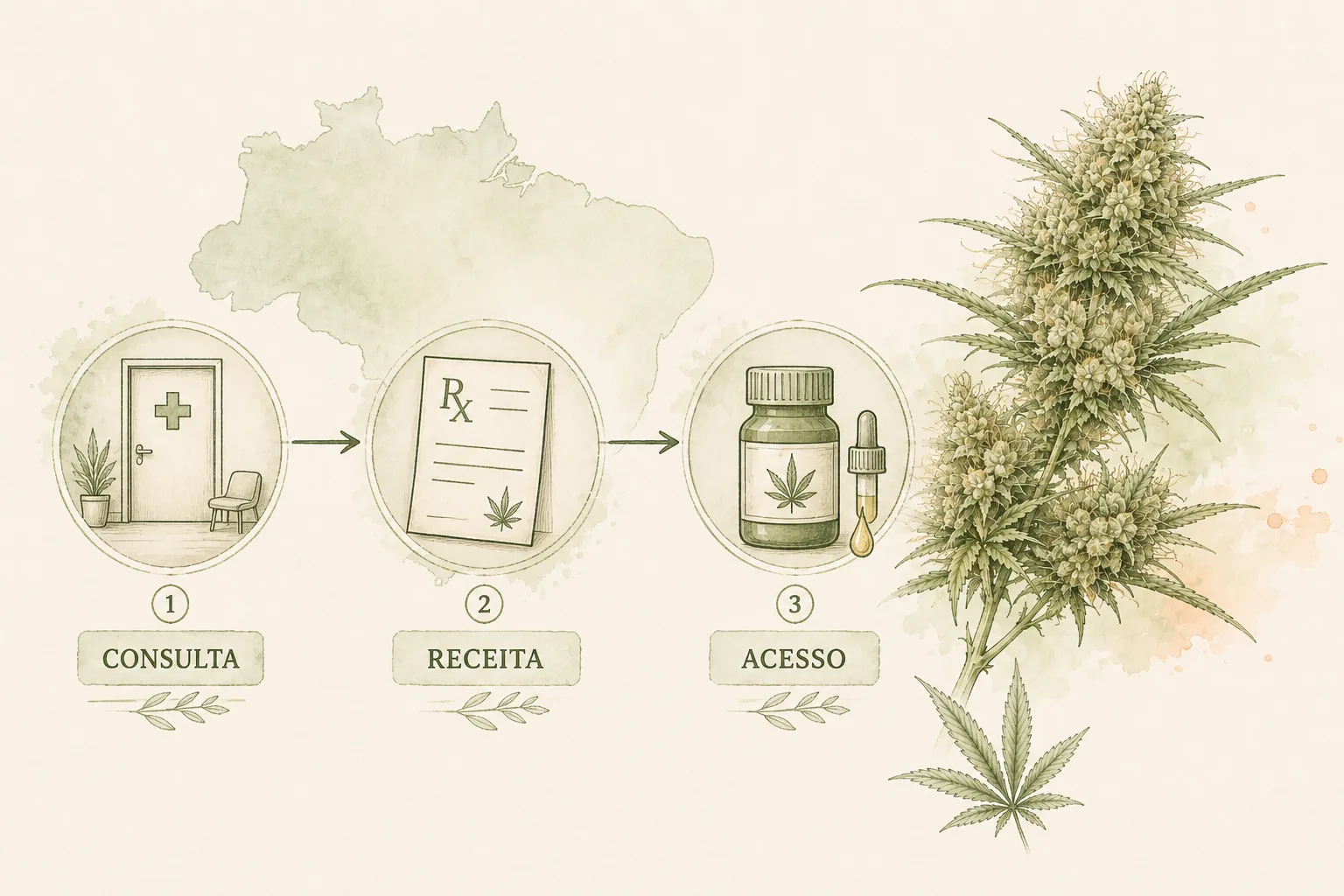Três etapas numeradas em pt-BR: CONSULTA, RECEITA e PRODUTO, com setas e fundo papel creme.