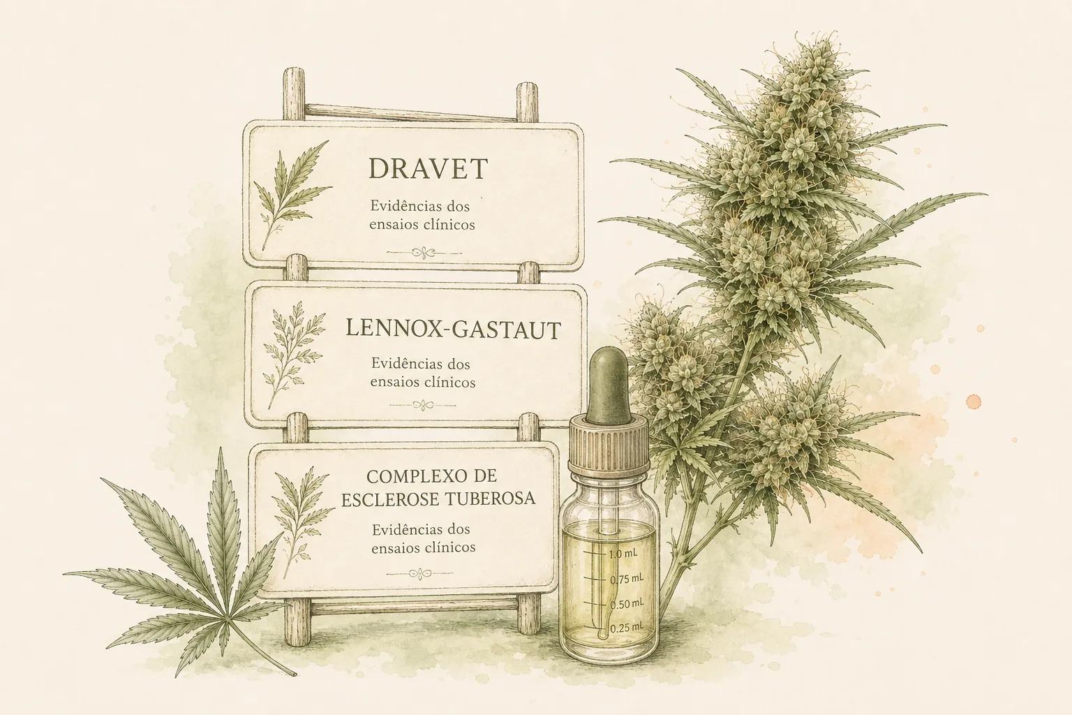 Tríptico em nanquim e aquarela: frasco com rótulo CBD, balança de dose em mg/kg e caderno de crises.