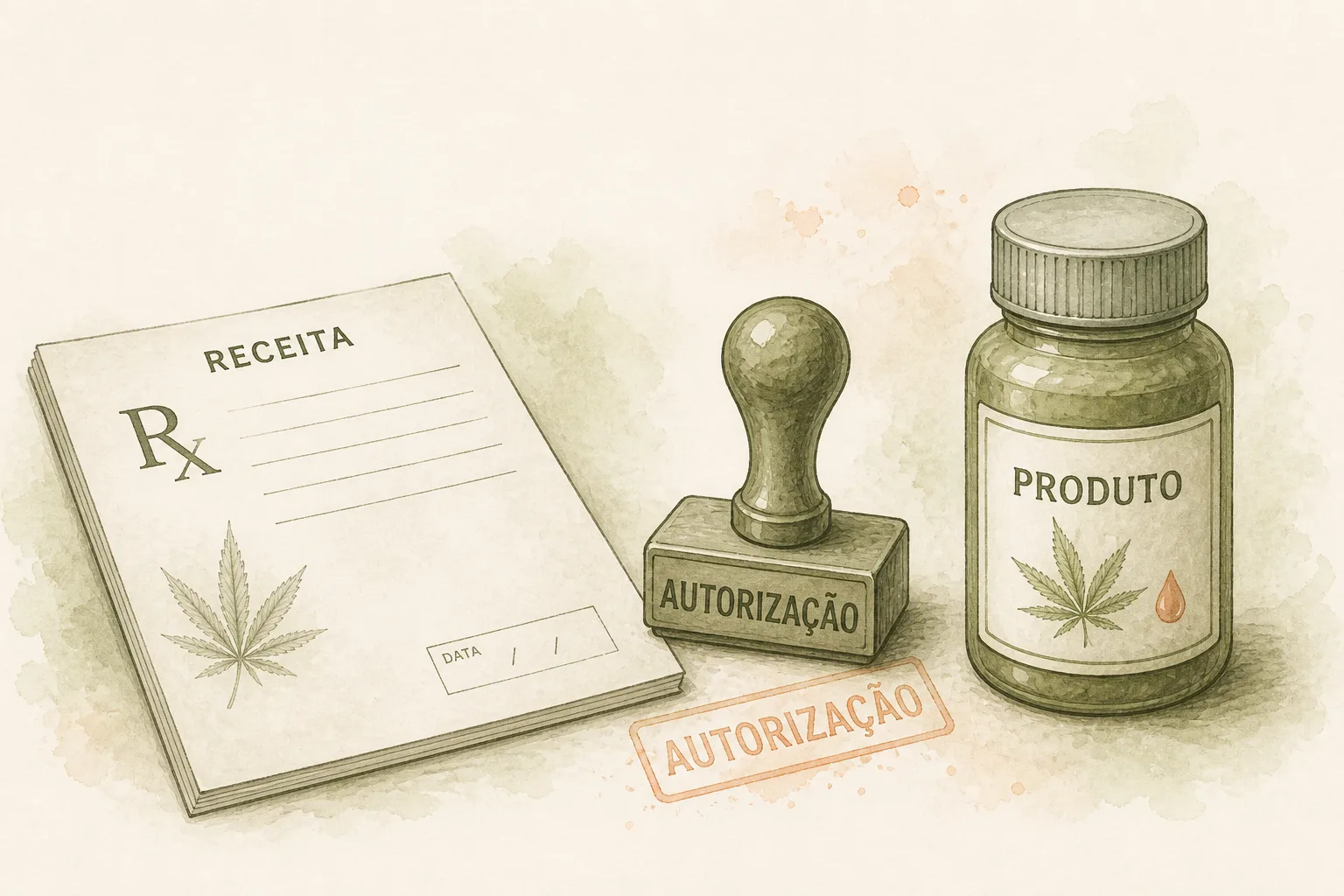 Consulta médica, receita e frasco alinhados em sequência sobre papel creme, com setas numeradas de um a três.