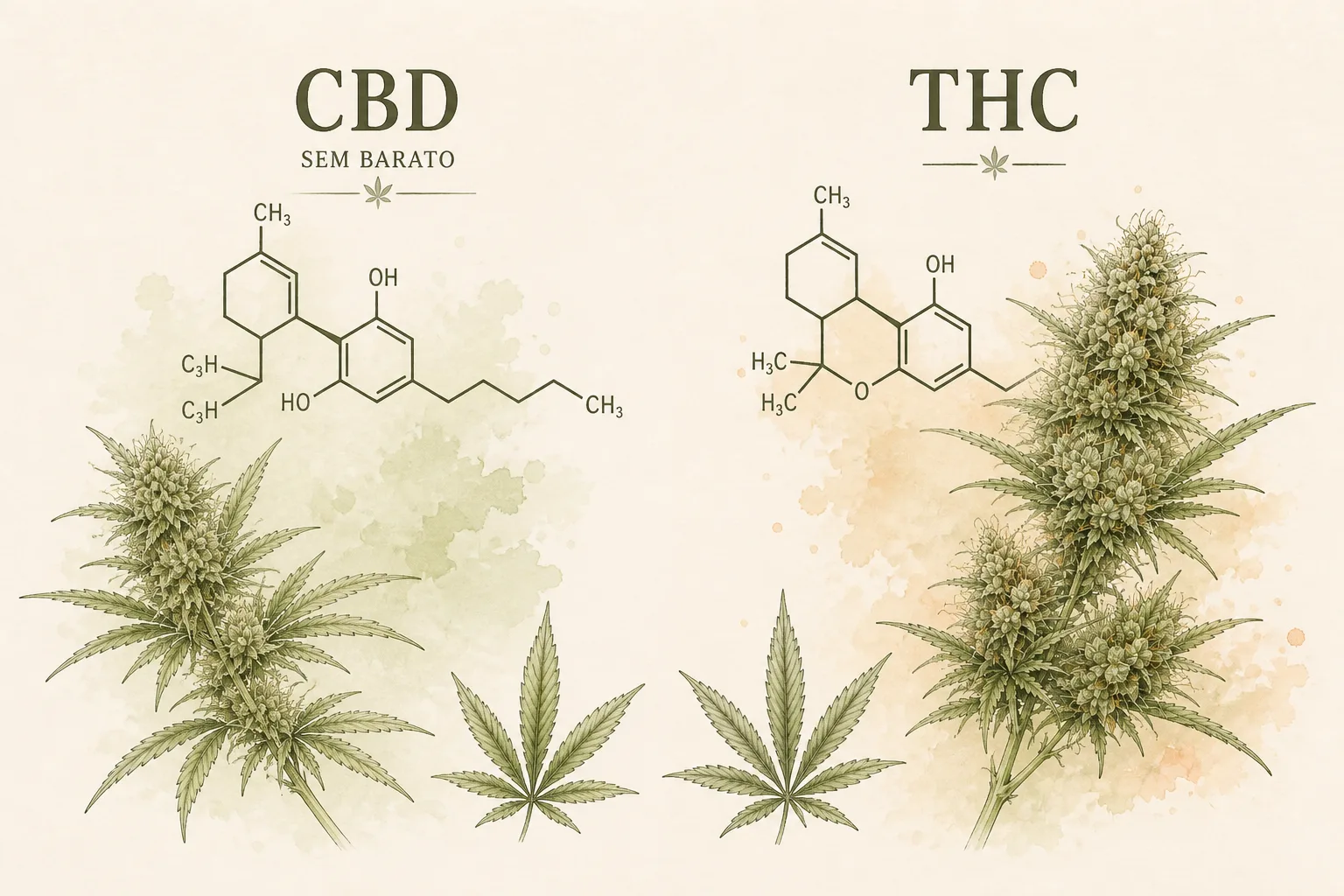 Três espectros, três objetos analíticos Três frascos esquemáticos com rótulos ISOLADO, BROAD e FULL, o último com marca discreta de THC.
